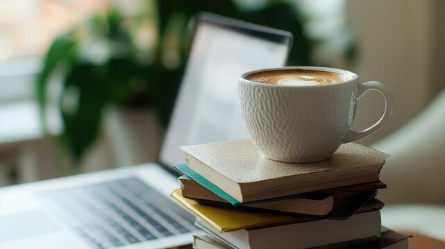 A cup of coffee sitting on top of a stack of books, perfect for reading and learning