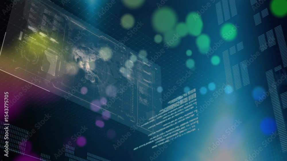Poster drifting bokeh lights initiating panels showing code, rotating 3d earth and charting data