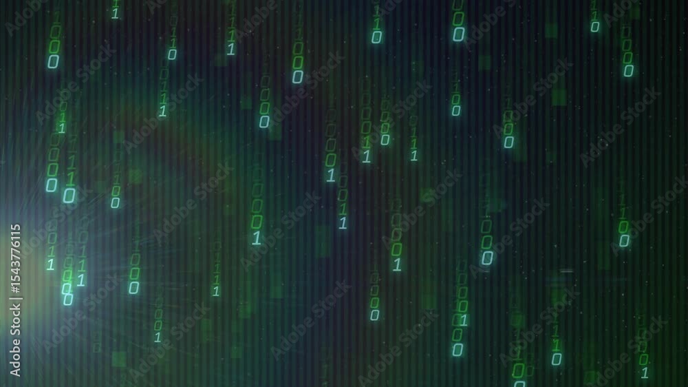 Poster bright light entering lower left creating lens flare, binary digits cascading into code simulation