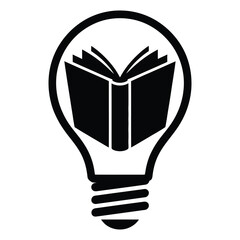 Black and White Illustration of Open Book Inside Lightbulb Silhouette Representing Knowledge