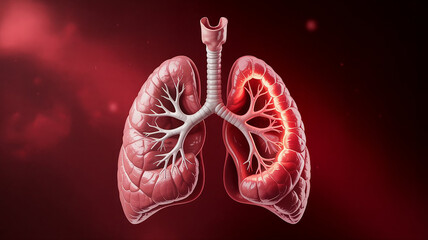 Detailed 3 D Model of Human Lungs with Bronchial Tree Illuminated Red Background