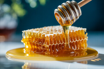 Macro Shot of Fresh Honey Flowing from a Metallic Dipper onto Hexagonal Honeycomb with Cool Blurred Background