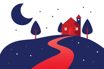 Naklejka premium A red house sits atop a hill at night, a winding red path leading to its entrance, under a crescent moon and starry sky.