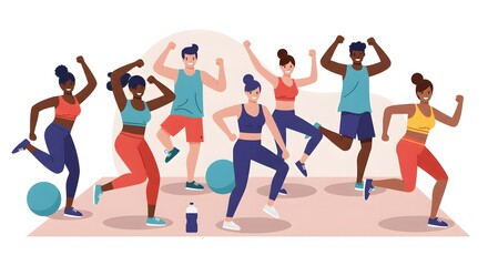Diverse group of happy people enjoying a fitness class workout session together promoting healthy lifestyle and wellbeing