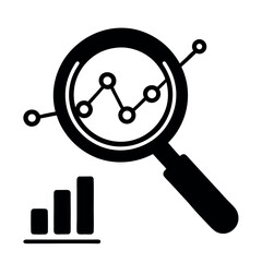 Black vector icon of a magnifying glass over a graph, symbolizing SEO analytics and search data. Ideal for marketing dashboards, digital strategy, web analysis, and business growth tools.