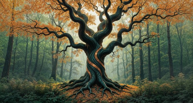 Ancient gnarled tree with roots that delve deep into the earth and branches that reach towards the heavens