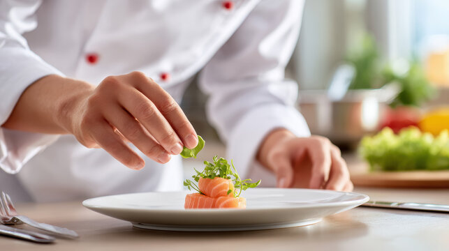 Thanksgiving autumn holiday chef garnishing fall dish in kitchen close-up shot culinary art festive atmosphere