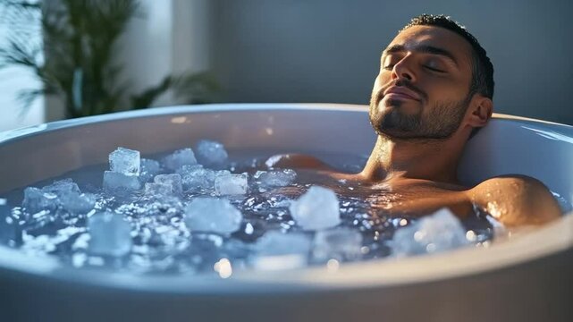 Relaxed man soaking in an ice bath