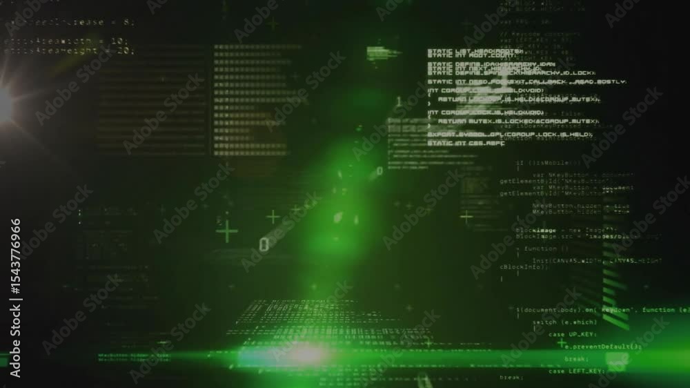 Poster on lens flare appearing green beam pulsing code scrolling and blocks rotating visualizing interface