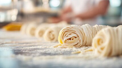 This image showcases beautifully arranged fettuccine pasta, evoking feelings of warmth, tradition, and culinary craftsmanship against a soft, flour-dusted background.