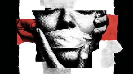Abstract halftone illustration portraying censorship of person with hand and covered mouth.