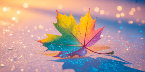 Macro Shot of Multicolored Autumn Maple Leaf on Glitter with Water Droplets and Golden Bokeh Background