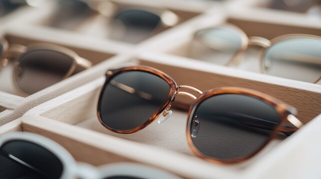 This stunning image features a collection of elegant sunglasses neatly arranged in a stylish display, highlighting fashion and personal style choices in eyewear.