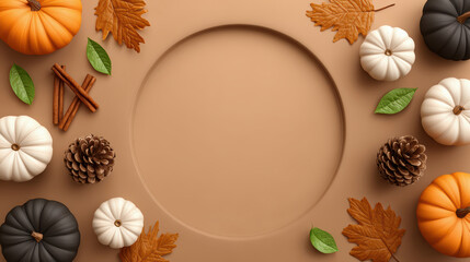 Fototapeta premium Thanksgiving holiday decor autumn flatlay of pumpkins cinnamon sticks and leaves in a cozy setting