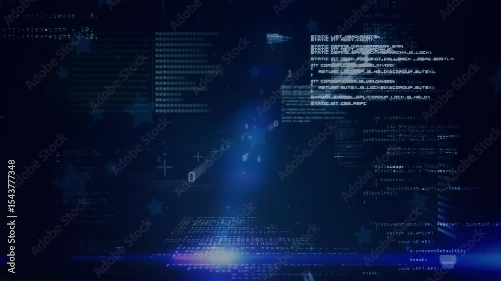 Poster opening digital scene, glowing orb pulling code panels inward and rotating digits for data display
