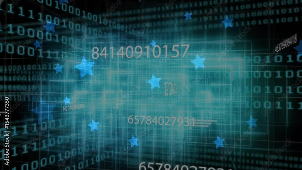 Poster on fade in, cyan 3d wireframe grid pulsing, binary digits and star icons streaming visualizing data