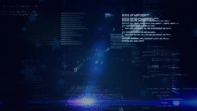 Opening digital scene, glowing orb pulling code panels inward and rotating digits for data display