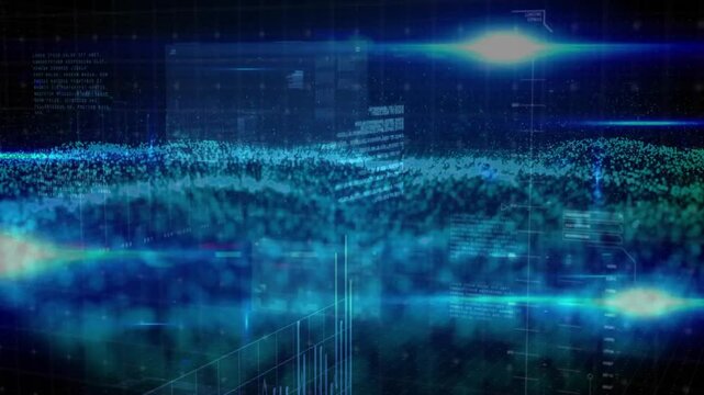 3D grid appearing and starting blue particles drifting into layered data waves, panels fading