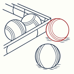Outline of bocce balls in a wooden rack with one ball rolling out  