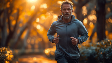Obraz premium Middle-aged man jogs through sunlit city park.