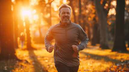Middle-aged man jogs through sunlit city park.