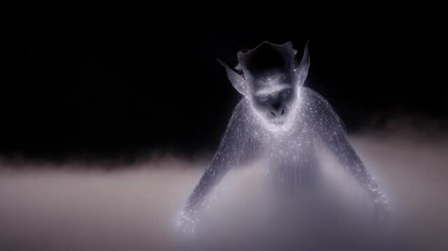 Mystical creature emerging from mist with glowing aura in ethereal landscape