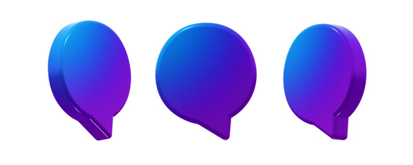 Modern round speech bubble with a smooth blue-to-purple gradient. 3D render icon element, isolated. Includes three angles of the same shape.