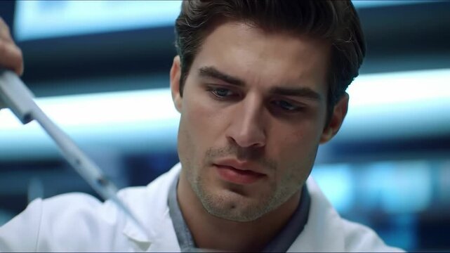 Headshot of a handsome male scientist using a pipette with a microtiter plate and petri dish in a futuristic laboratory during scientific testing