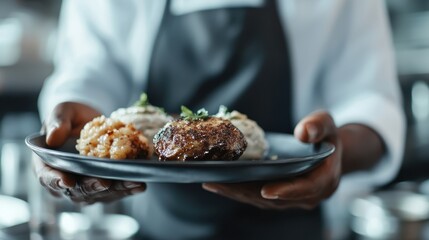 A professional chef proudly presents a gourmet plate featuring beautifully arranged dishes, showcasing culinary expertise and attention to detail in a modern kitchen setting.