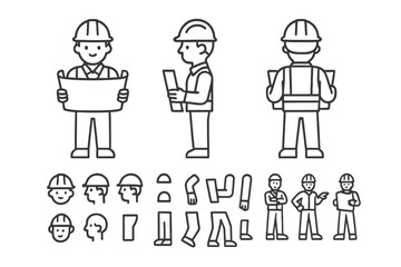 Construction workers engaged in various activities while planning a project at a building site during the afternoon hours