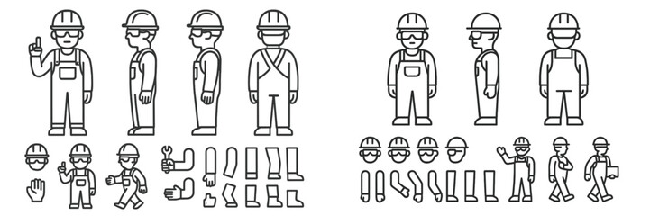 Construction worker illustrations showcasing various poses and actions for projects and presentations