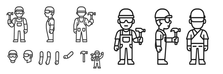 Construction workers engaging in various activities with tools in a simplified, cartoonish style in a creative design setting