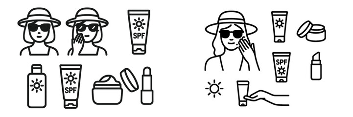 Illustrations of sun protection products and people applying sunscreen on a sunny day