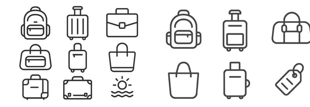 Collection of travel bag icons in a minimalist style arranged in a neat pattern suitable for designs about luggage and travel