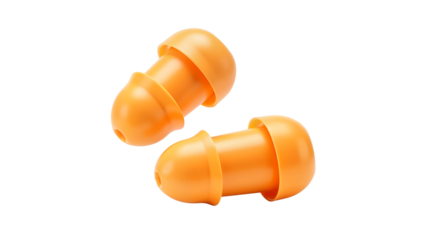 A pair of orange earplugs on a transparent background to reduce noise. Isolated image on transparent background. Concept of Leisure and Travel.  