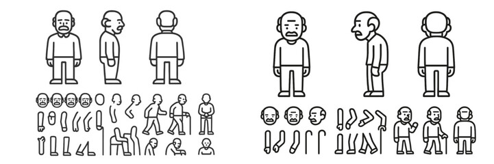 Character design concepts showcasing various poses and expressions of a male figure in a minimalistic style
