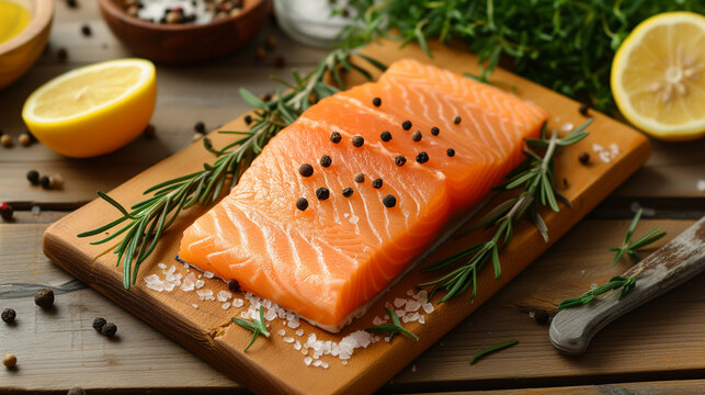 Fresh salmon fish fillet on a wooden cutting board with rosemary sprigs, parsley, pepper, salt and lemons, on a wooden table and a knife