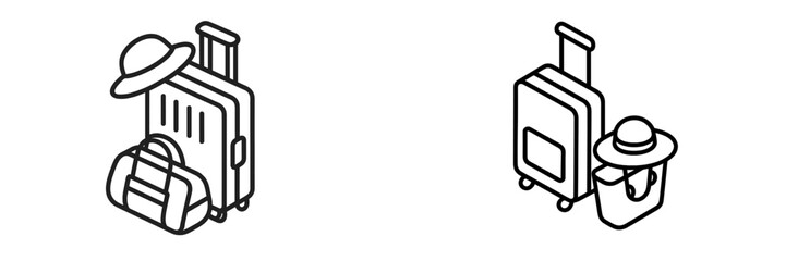 Suitcases and travel bags preparing for an adventure with summer hats in a minimalist style