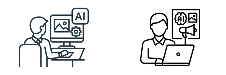 Illustration of people using technology for digital design and marketing tasks in a modern workspace environment