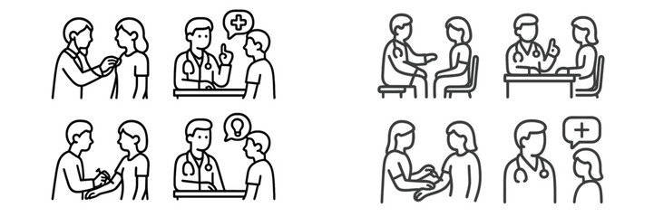 Healthcare professionals interact with patients in various medical consultation scenarios during a clinic visit