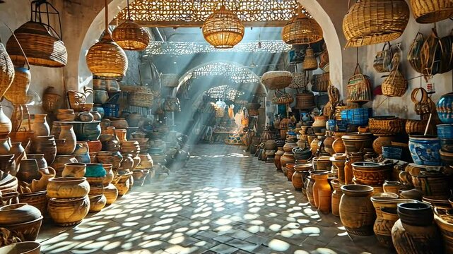 Sunlight streaming through an artisan market filled with handcrafted pottery and woven baskets