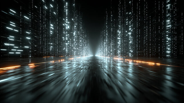 Digital highway glowing lines and data streams futuristic road