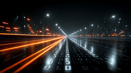 Night city highway digital data stream speeding futuristic road