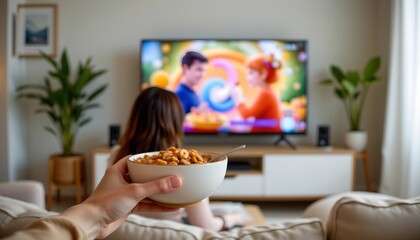 a cozy indoor setting where someone is enjoying snacks while watching television. a person holds a bowl of food in one hand and points at it with the other