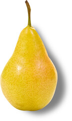 A ripe yellow pear with a smooth skin and a slender stem, showcasing its natural color and texture.