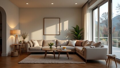 Fototapeta premium a spacious and modern living room with large windows that let in natural light