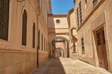 Fototapeta premium Encarnacion Street in Plasencia, Extremadura, a medieval passageway with arches and historic buildings basking in the sun.