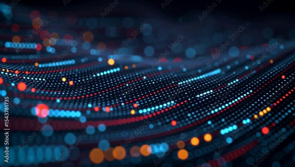 Poster a digital background featuring an array of colorful data points and code lines, representing the com