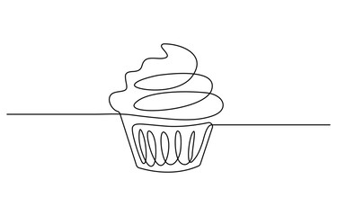 Cupcake with cherry drawn in one continuous line in color. Single line drawing, minimalism. Doodle graphic art vector illustration