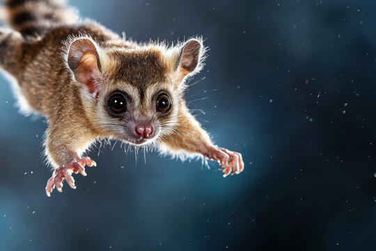 Photorealistic image of bushbaby leaping through air, showcasing its expressive eyes and agile movement. background adds sense